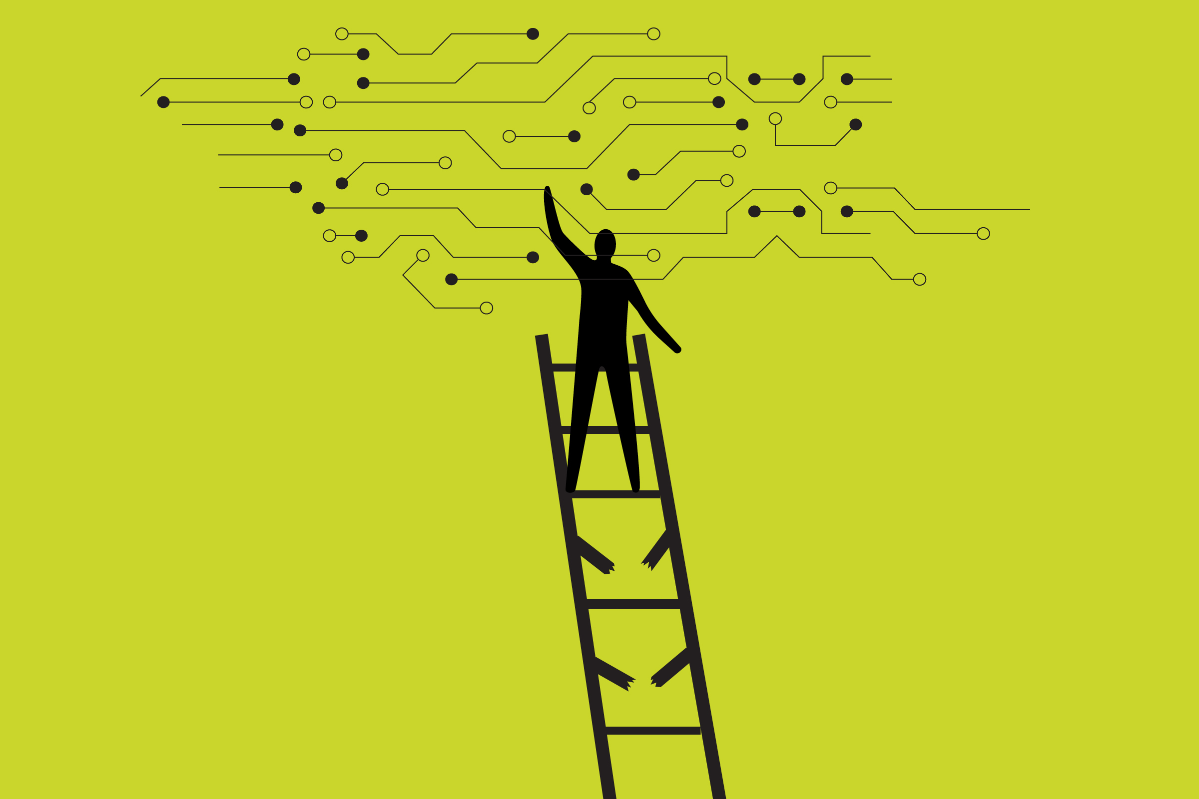 Illustration of a man on the top a stair, touching electrical circuits above him.