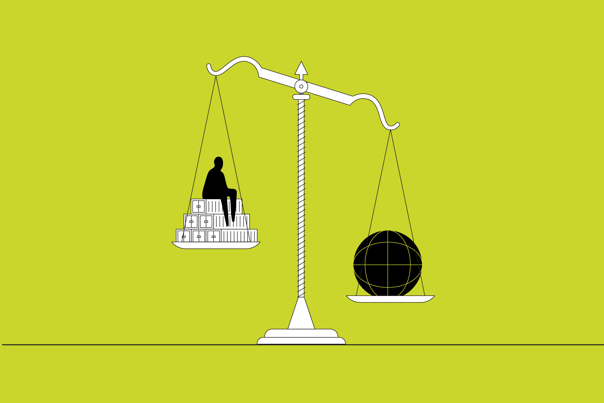 Illustration of a scale measuring a black ball and small shipping containers.