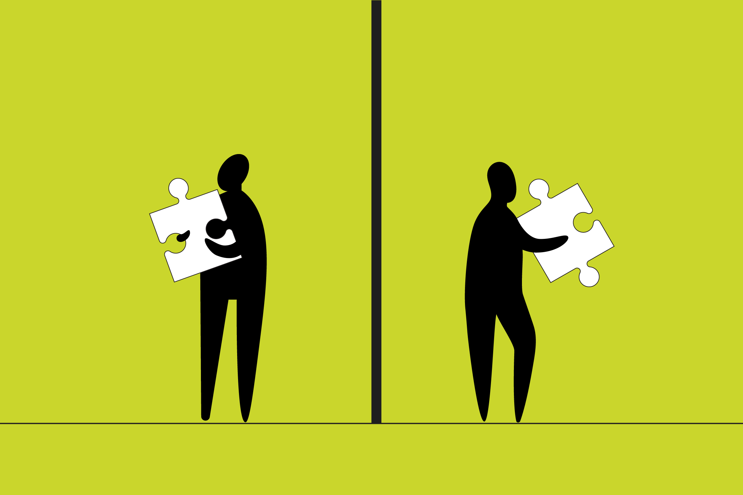 Illustration of 2 people holding giant puzzle pieces.
