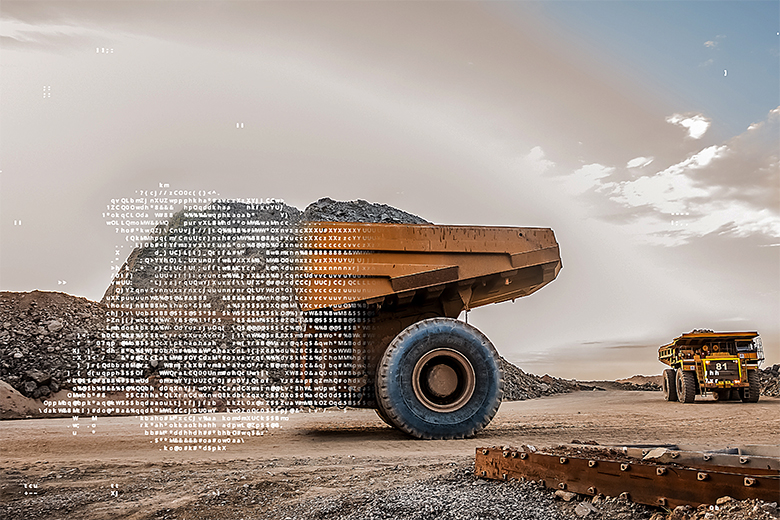 Autonomous mining haul trucks with AI data overlays illustrating industrial AI applications in transportation, logistics, and defense available today.