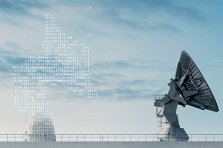 Satellite communication dish with AI data overlays representing AI adoption challenges for transportation, logistics, and defense leaders.