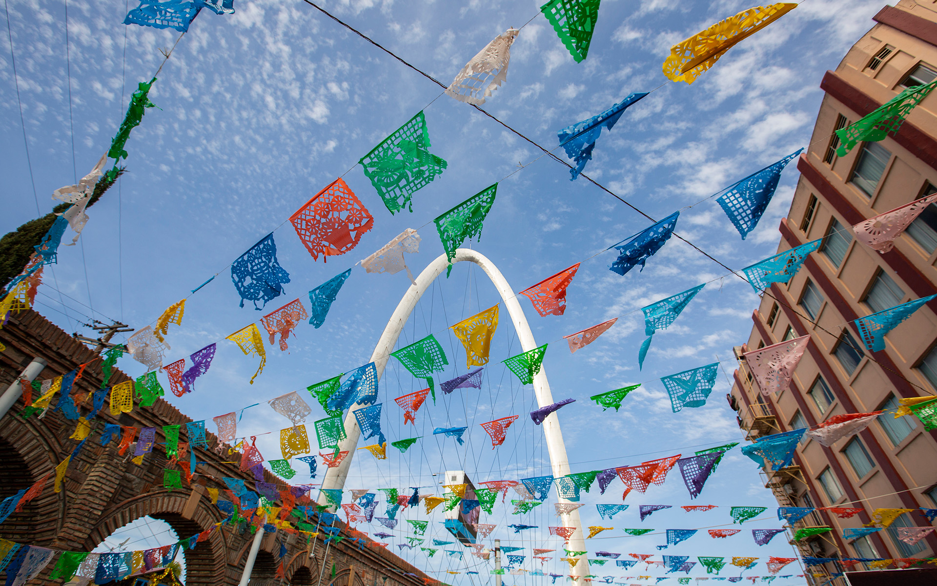 Papel picado seen from the street in Tijuana.